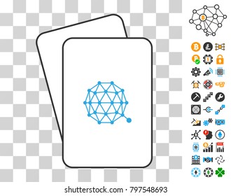 Qtum Currency playing cards icon with additional bitcoin mining and blockchain graphic icons. Flat vector images for blockchain toolbars.