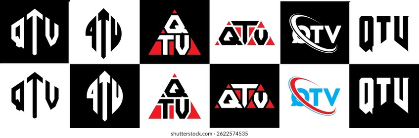 QTV letter logo design in six style. QTV polygon, circle, triangle, hexagon, flat and simple style with black and white color variation letter logo set in one artboard. QTV minimalist and classic logo