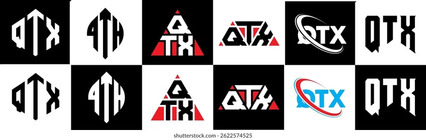 QTX letter logo design in six style. QTX polygon, circle, triangle, hexagon, flat and simple style with black and white color variation letter logo set in one artboard. QTX minimalist and classic logo
