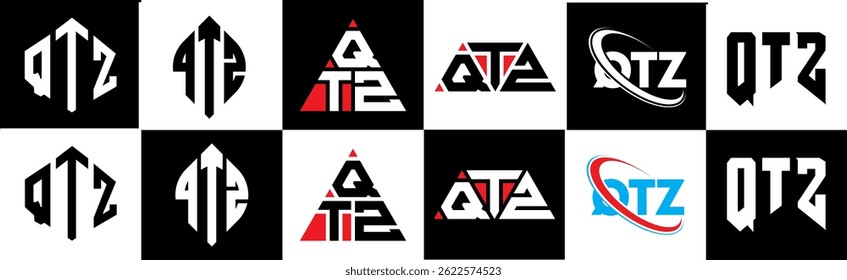 QTZ letter logo design in six style. QTZ polygon, circle, triangle, hexagon, flat and simple style with black and white color variation letter logo set in one artboard. QTZ minimalist and classic logo