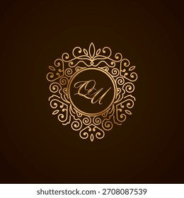 Logotipo de lujo del monograma de la letra inicial de QU, joyería elegante del ornamento, emblema del corazón de la forma del amor