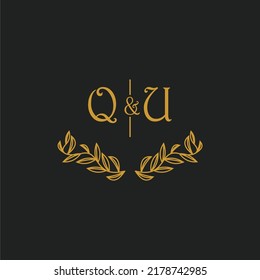 QU initial monogram wedding with creative leaf line