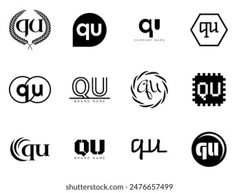 QU logo company template. Letter q and u logotype. Set different classic serif lettering and modern bold text with design elements. Initial font typography. Collection trendy business identity.