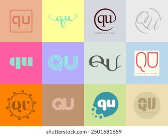 QU logo company template. Letter q and u logotype. Set different classic serif lettering and modern bold text with design elements. Initial font typography. Collection trendy business identity.