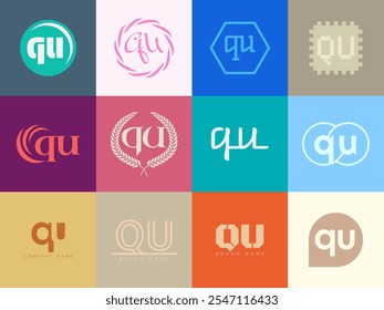 QU logo company template. Letter q and u logotype. Set different classic serif lettering and modern bold text with design elements. Initial font typography. Collection trendy business identity.