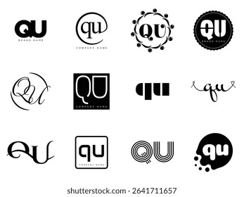 QU logo company template. Letter q and u logotype. Set different classic serif lettering and modern bold text with design elements. Initial font typography. Collection trendy business identity.