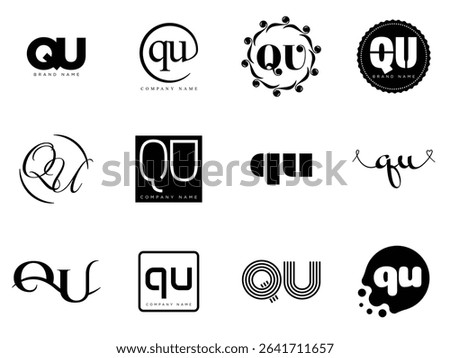 QU logo company template. Letter q and u logotype. Set different classic serif lettering and modern bold text with design elements. Initial font typography. Collection trendy business identity.