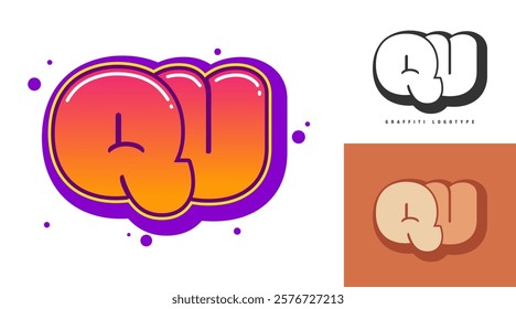 QU logo design for festival or party. Initial letter q and u in graffiti style. Creative modern lettering company name of font typography. Kids trendy logotype or identity. Vector illustration.