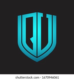 QU Logo monogram with emblem shield design isolated with blue colors on black background
