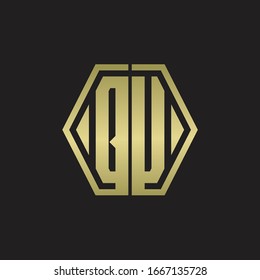 Monograma del logotipo QU con plantilla de diseño redondeado de línea hexagonal con colores dorados