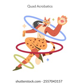 Quad Acrobatics concept. A cheerful humanoid fox performing with colorful hoops. Dynamic performance and playful character design. Vector illustration.