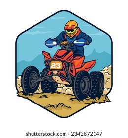 Carrera deportiva Quad ATV Extreme en diseño de logotipo de insignia, buena para el diseño de camisetas y el logo del evento de campeonato