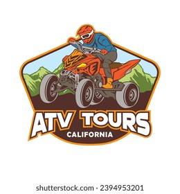 Carrera deportiva Quad ATV Extreme en diseño de logotipo de insignia, buena para el diseño de camisetas y el logo del evento de campeonato