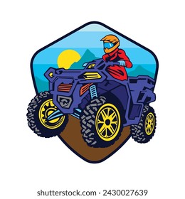 Quad ATV Extreme sport racing en diseño de logotipo de insignia, bueno para el diseño de camiseta y logotipo de evento de campeonato