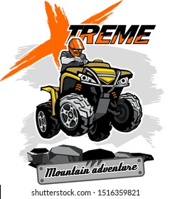Quad bike ATV logo with Xtreme Mountain Adventure inscription, isolated background.