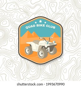 Quad bike club. Summer camp. Vector Patch or sticker. Concept for shirt or logo, print, stamp or tee. Vintage typography design with quad bike near Egypt pyramids silhouette. Camping quote.