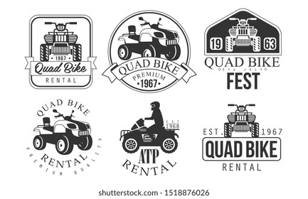 Quad Bike Fest Premium Retro Labels Set, ATP Rental Service Monochrome Badges Vector Illustration