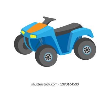 Quad bike on white, transport or extreme equipment, blue car icon, flat style of colorful offroad auto, championship or rally, atv driving by mud vector