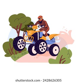 Quad bike racing on mud, gravel track. Racer in helmet rides on atv in enduro competition. Rider drives off road vehicle. Extreme activity, motor sport. Flat isolated vector illustration on white