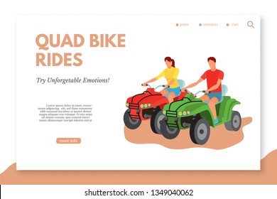 Quad bike rides flat vector landing page template. Couple in love doing extreme sports. Active and adventurous date idea. Dangerous and risky motorcycle race. Active vacation web banner