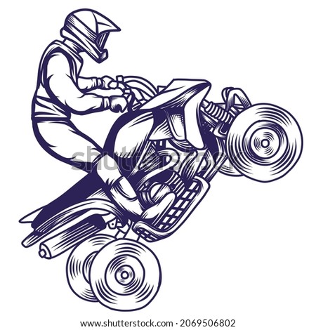 Quad bike vector illustration. ATV rider jump freestyle. ATV hand drawn logo Isolated on white background. Design for sport, adventure , club