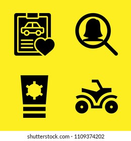 quad, car repair, sun cream and magnifying glass vector icon set. Sample icons set for web and graphic design