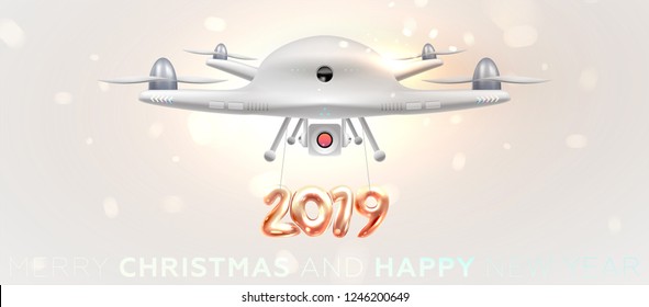 Avión teledirigido cuádruple con símbolo de Año Nuevo 2019. Ilustración para presentaciones, portadas, carteles, carteles y folletos de tecnología e innovación. Vector Eps10