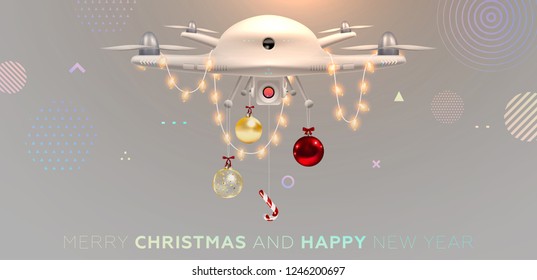 Quad copter drone flying with Christmas decorations. Illustration for technology and innovation business presentations, covers, posters, placards and brochures design. Eps10 vector