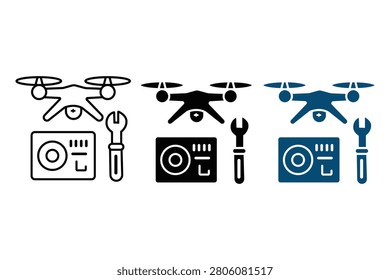 Quad copter drones with controller and wrench icons isolated