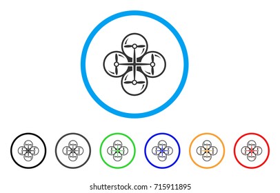 Quad Copter icon. Vector illustration style is a flat iconic quad copter gray rounded symbol inside light blue circle with black, gray, green, blue, red, orange color versions.