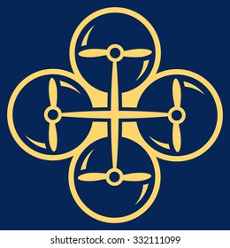 Quad Copter vector icon. Style is flat symbol, yellow color, rounded angles, blue background.