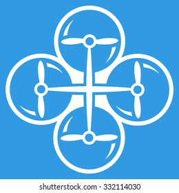 Quad Copter vector icon. Style is flat symbol, white color, rounded angles, blue background.