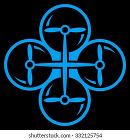 Quad Copter vector icon. Style is flat symbol, blue color, rounded angles, black background.
