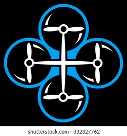 Quad Copter vector icon. Style is bicolor flat symbol, blue and white colors, rounded angles, black background.