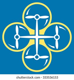 Quad Copter vector icon. Style is bicolor flat symbol, yellow and white colors, rounded angles, blue background.