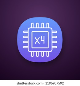 Quad core processor app icon. Four core microprocessor. Microchip, chipset. CPU. Central processing unit. Multi-core processor. Integrated circuit. UI/UX interface. Vector isolated illustration