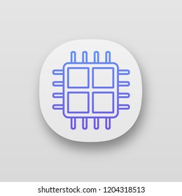 Quad core processor app icon. Four core microprocessor. Microchip, chipset. CPU. Central processing unit. Multi-core processor. Integrated circuit. UI/UX interface. Vector isolated illustration