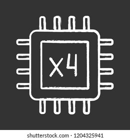Quad core processor chalk icon. Four core microprocessor. Microchip, chipset. CPU. Central processing unit. Phone multi-core processor. Integrated circuit. Isolated vector chalkboard illustration