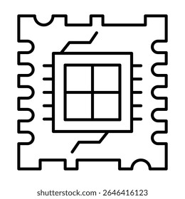 Ícone de linha fina do chip do processador quad core, conceito de conjunto de dados neural. Gráficos vetoriais. Processador com quatro núcleos, sinal de hardware em fundo branco, estilo móvel ou design