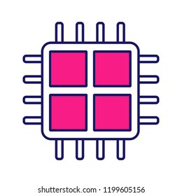 Quad core processor color icon. Four core microprocessor. Microchip, chipset. CPU. Central processing unit. Computer, phone multi-core processor. Integrated circuit. Isolated vector illustration