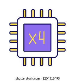 Quad core processor color icon. Four core microprocessor. Microchip, chipset. CPU. Central processing unit. Computer, phone multi-core processor. Integrated circuit. Isolated vector illustration