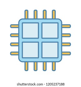 Quad core processor color icon. Four core microprocessor. Microchip, chipset. CPU. Central processing unit. Computer, phone multi-core processor. Integrated circuit. Isolated vector illustration