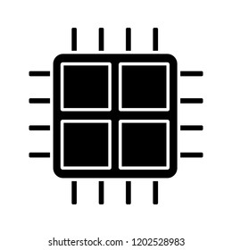 Quad core processor glyph icon. Four core microprocessor. Microchip, chipset. CPU. Computer multi-core processor. Integrated circuit. Silhouette symbol. Negative space. Vector isolated illustration