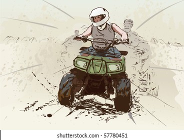 Quad race dirt track  Hand drawn illustration quad bike racer winning the race  (objects separated layers)