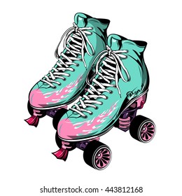 Quad roller skates with laced boots of blue pink color on white background isolated vector illustration