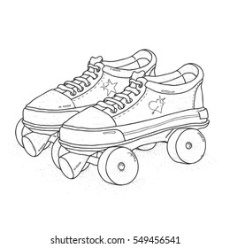 Quad roller skates on white background. Retro laced boots, colorful vector illustration.
