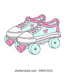 Quad roller skates on white background. Retro laced boots, colorful vector illustration.