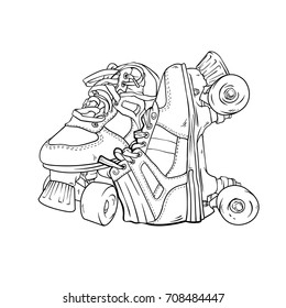 Quad roller skates on white background. Retro laced boots, colorful vector illustration