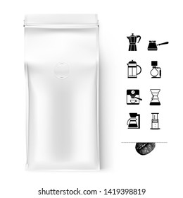 Quad seal bag with coffee brewes. Front view. Vector illustration on white background. Can be use for coffee, tea, salt, snack, flour and etc. Packaging mockup ready for your design. EPS10.