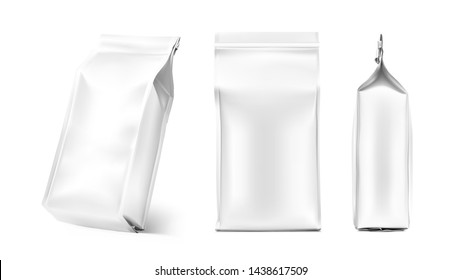 Quad seal bag package mockup. Vector illustration isolated on white background. Can be use for coffee, tea, salt, snack, flour and etc. Packaging mockup ready for your design. EPS10.	

